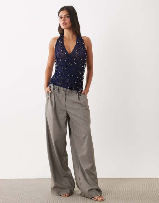 ASOS DESIGN wrap front halter neck top with beaded fringing in navy, 2 of 4