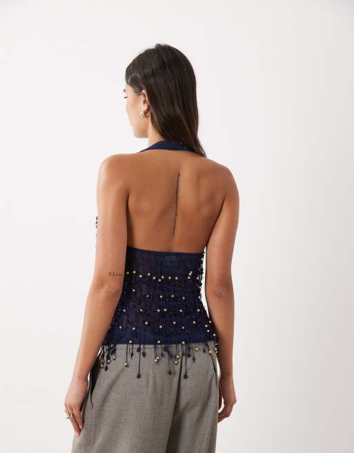ASOS DESIGN wrap front halter neck top with beaded fringing in navy, 3 of 4