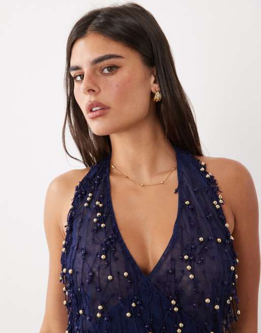 ASOS DESIGN wrap front halter neck top with beaded fringing in navy, 4 of 4