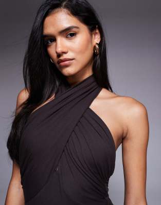 Asos Design Wrap Front Halterneck Midaxi Dress With Open Back In Black