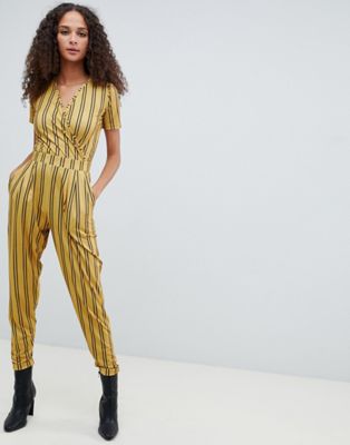 asos design wrap front jersey jumpsuit with short sleeve