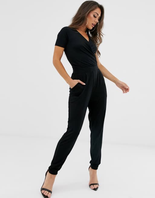 ASOS DESIGN wrap front jersey jumpsuit with short sleeve | ASOS