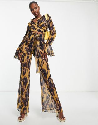 ASOS DESIGN WRAP FRONT JUMPSUIT WITH FLUTED SLEEVE IN LEOPARD PRINT-MULTI