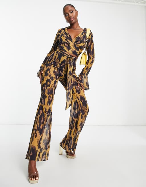 ASOS DESIGN wrap front jumpsuit with fluted sleeve in leopard print