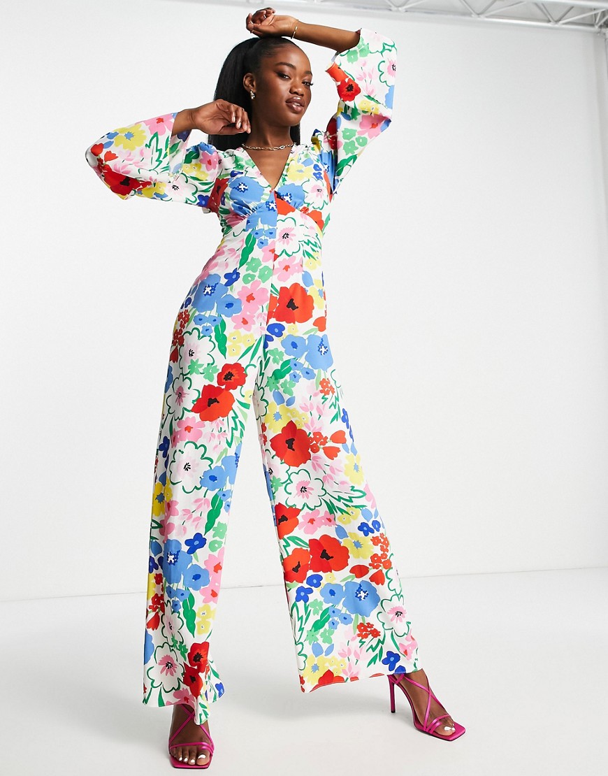 ASOS DESIGN wrap front jumpsuit with open back in bright floral print-Multi