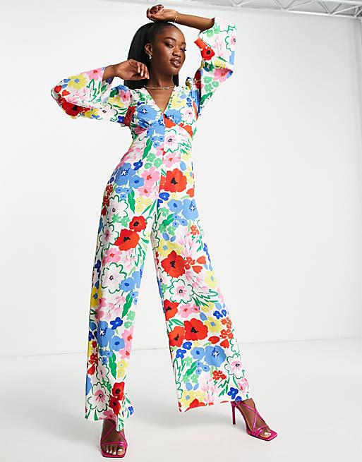 ASOS DESIGN wrap front jumpsuit with open back in bright floral print