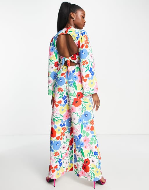 ASOS DESIGN wrap front jumpsuit with open back in bright floral print