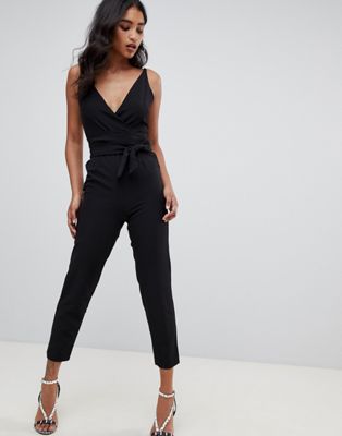 ASOS DESIGN wrap front jumpsuit with peg leg and self belt in black