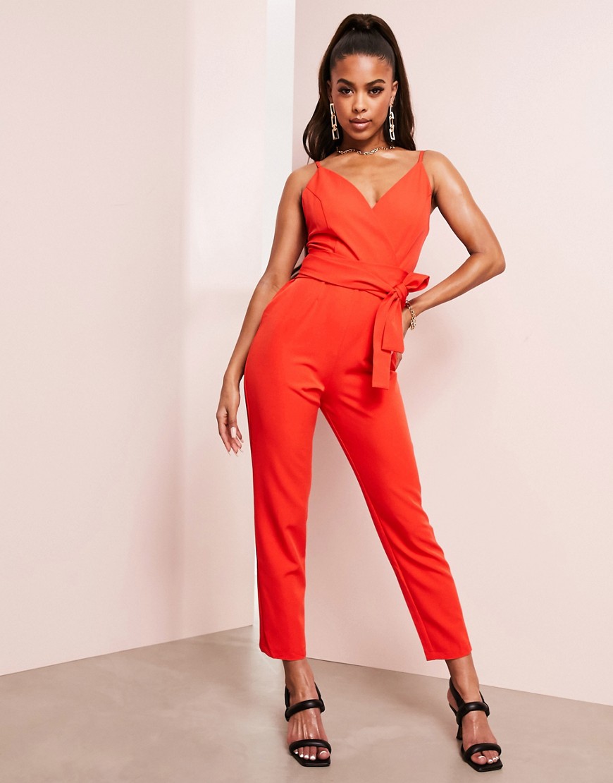 ASOS DESIGN wrap front jumpsuit with peg leg and self belt in tomato red