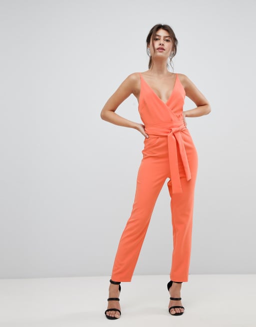 ASOS DESIGN Wrap Front Jumpsuit With Peg Leg And Self Belt | ASOS