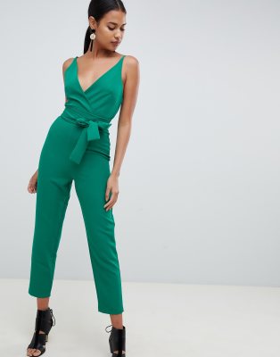 asos design wrap front jumpsuit with peg leg and self belt