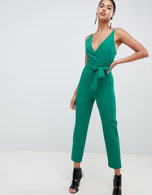 asos design wrap front jumpsuit with peg leg and self belt