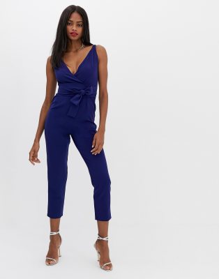 asos design wrap front jumpsuit with peg leg and self belt