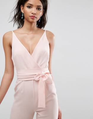 asos design wrap front jumpsuit with peg leg and self belt