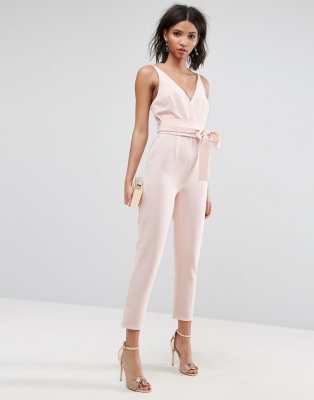asos design wrap front jumpsuit with peg leg and self belt