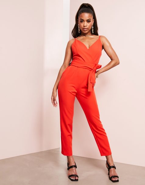 ASOS DESIGN wrap front jumpsuit with peg leg and self belt
