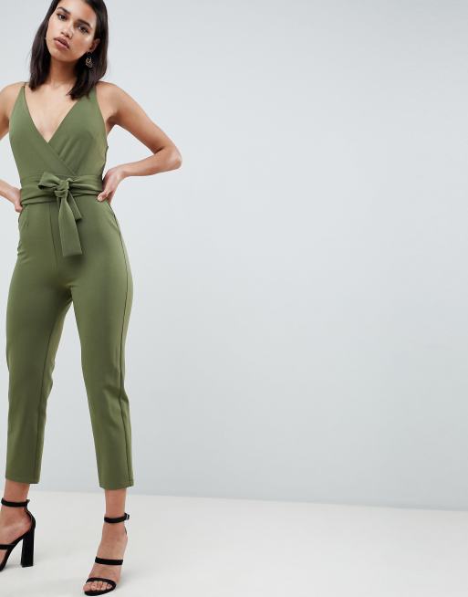 ASOS DESIGN Wrap Front Jumpsuit With Peg Leg And Self Belt