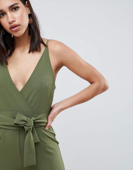 ASOS DESIGN Wrap Front Jumpsuit With Peg Leg And Self Belt