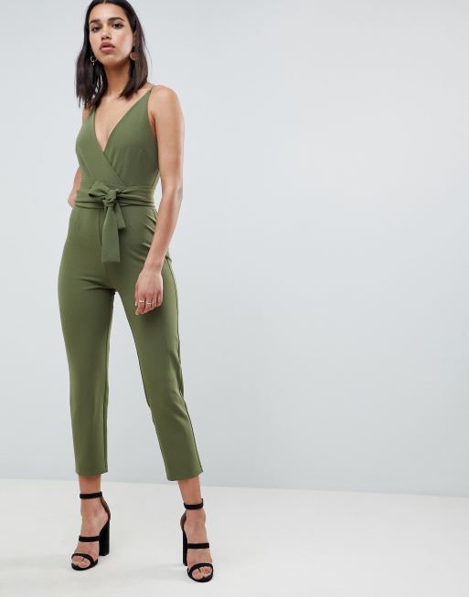 Asos design wrap front jumpsuit store with peg leg and self belt