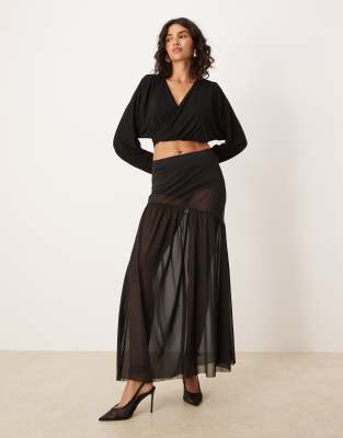 Asos Design Wrap Front Long Sleeve Batwing Top In Black