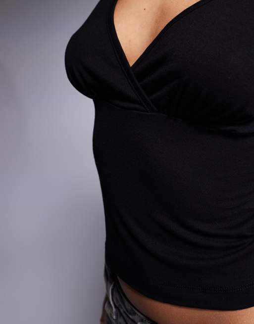 ASOS DESIGN wrap front long sleeve plunge polyamide top in black