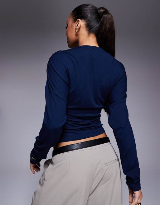 ASOS DESIGN wrap front long sleeve plunge polyamide top in navy