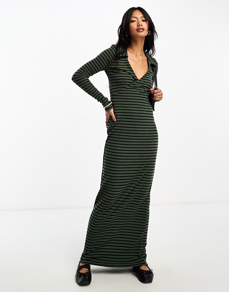 ASOS DESIGN wrap front maxi dress in stripe in green-Multi