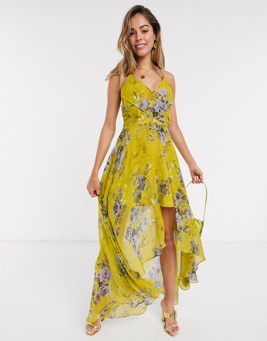 ASOS DESIGN wrap front maxi dress with dipped hem in yellow based floral print-Multi