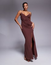 ASOS DESIGN satin and chiffon mix cowl neck bias maxi dress in chocolate