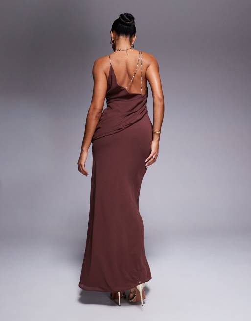 ASOS DESIGN wrap front maxi dress with embellished strap details in chocolate