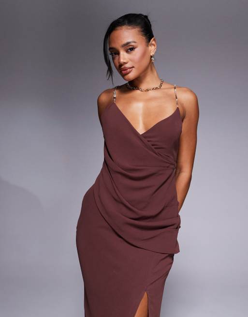 ASOS DESIGN wrap front maxi dress with embellished strap details in chocolate