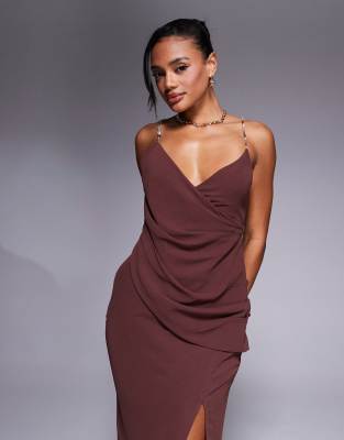 ASOS DESIGN wrap front maxi dress with embellished strap details in chocolate