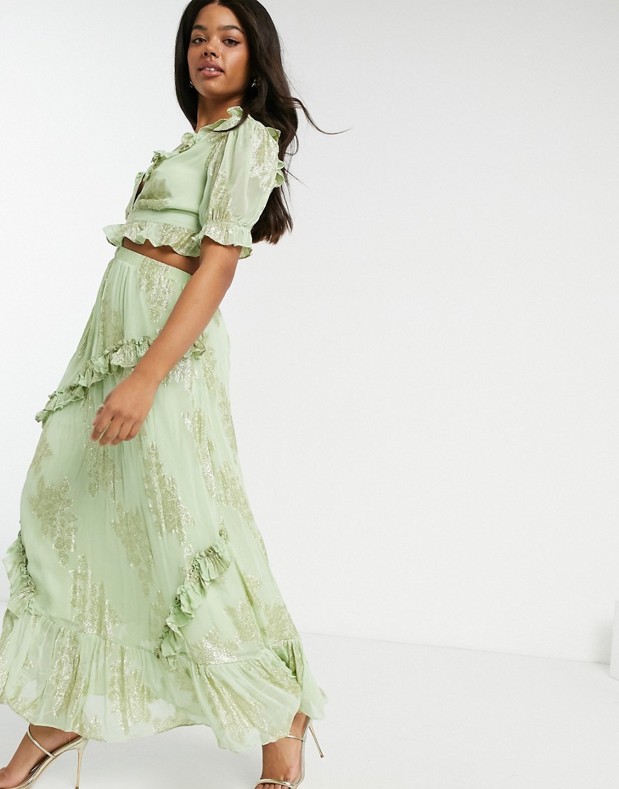ASOS DESIGN wrap front maxi dress with lace up back in metallic floral-Green