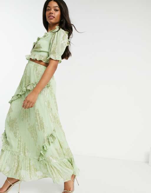 ASOS DESIGN wrap front maxi dress with lace up back in metallic floral