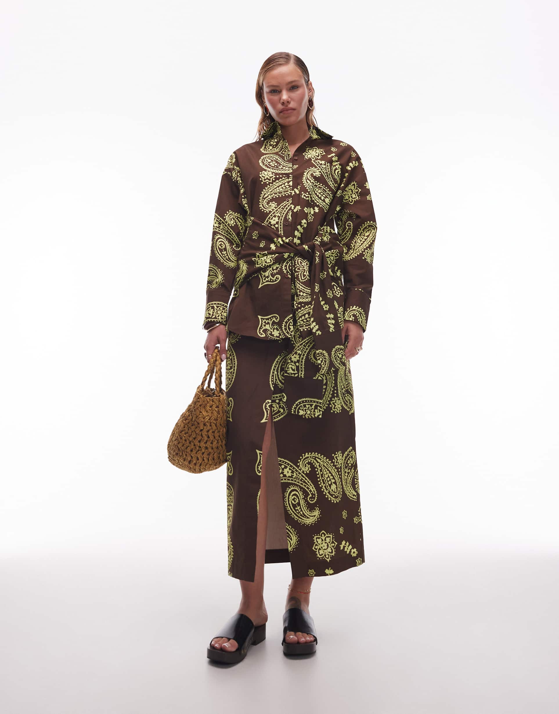 asos design wrap front maxi skirt in paisley print