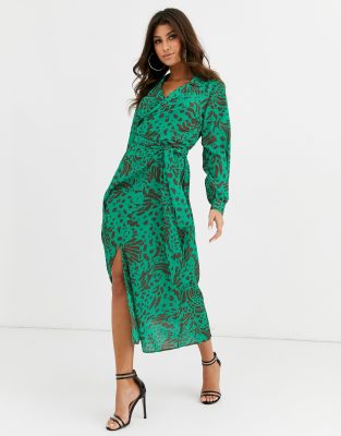 asos design wrap front midi dress with cutout in floral print