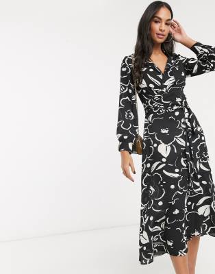 liquorish wrap front midi tea dress in floral print
