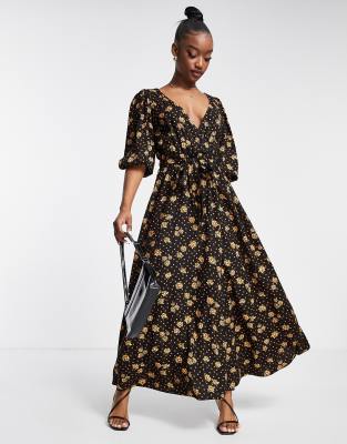 Asos Design Wrap Front Midi Dress In Floral And Spot Print-multi