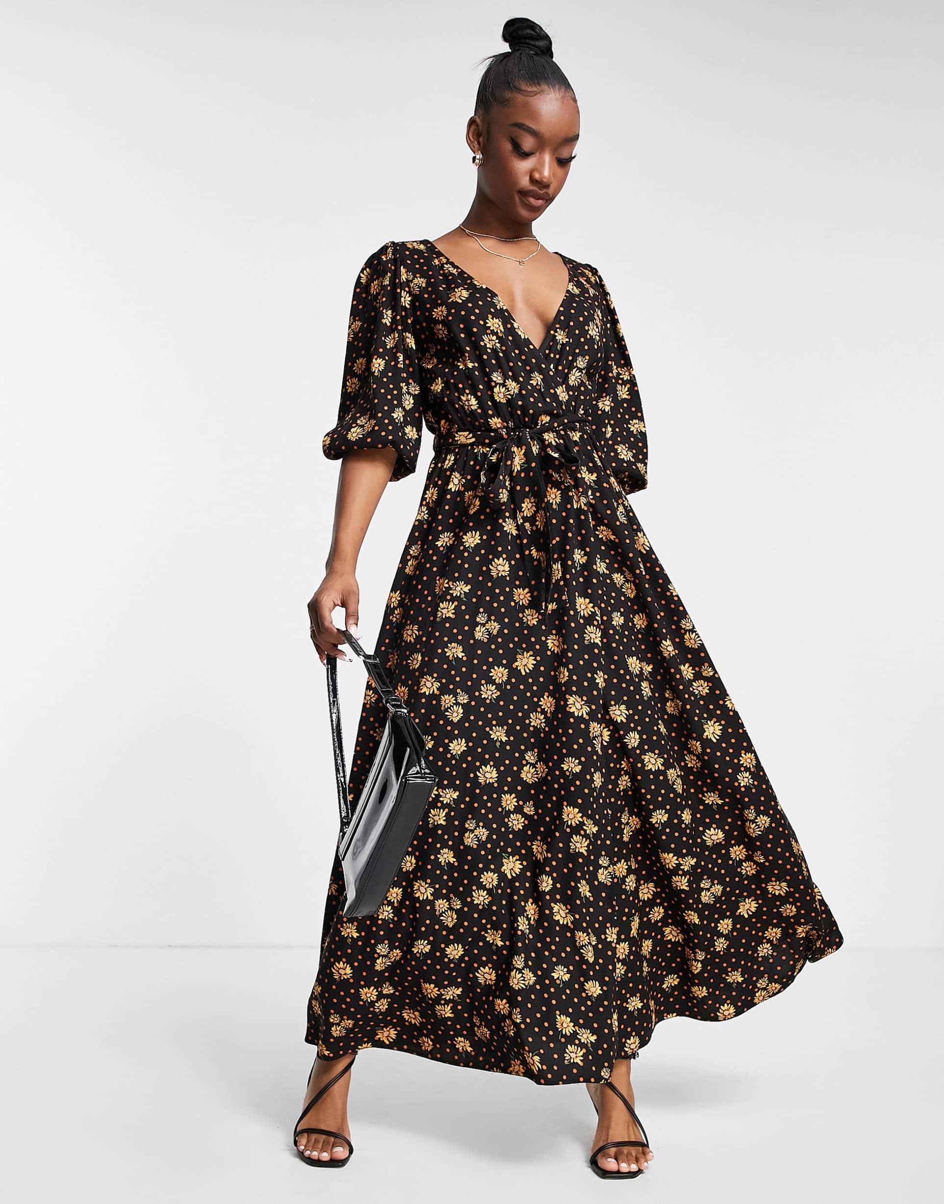 asos design wrap front midi dress in floral and spot print