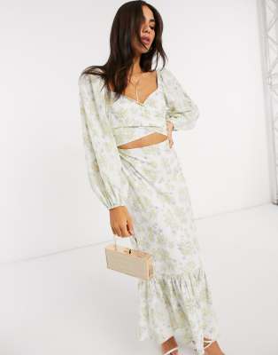 asos design wrap front midi dress with cutout in floral print