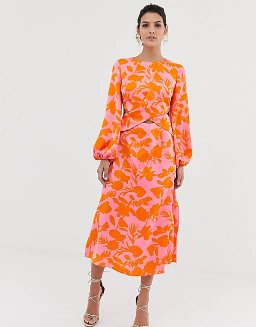 ASOS DESIGN wrap front midi dress with cutout in floral print