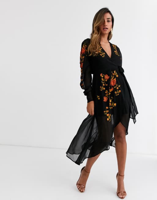 ASOS DESIGN wrap front midi dress with embroidery in black | ASOS