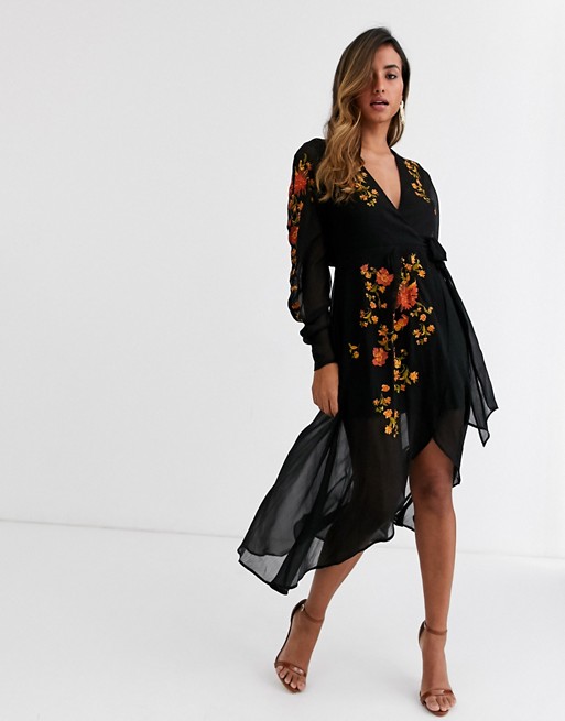 ASOS DESIGN wrap front midi dress with embroidery in black