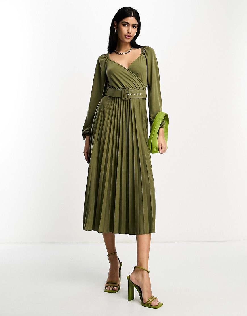 ASOS DESIGN wrap front midi dress with pleat skirt and belt in khaki-Green