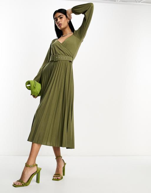 ASOS DESIGN wrap front midi dress with pleat skirt and belt in khaki