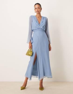 Asos Design Wrap Front Midi Dress With Seaming Details In Denim Blue-multi
