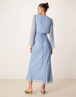 ASOS DESIGN wrap front midi dress with seaming details in denim blue