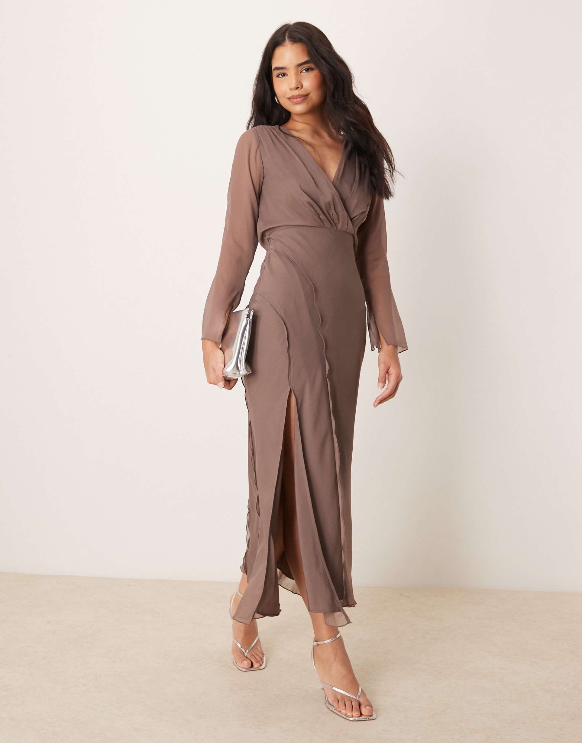 asos design wrap front midi dress with seaming details in taupe