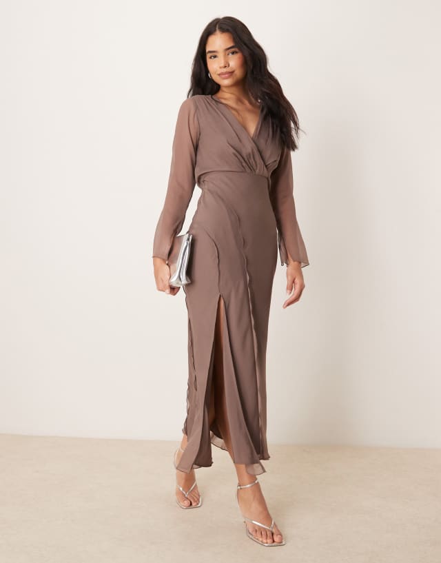 asos design long sleeve wrap shirt midi dress front with seaming details in taupe making it a go wedding dresses with slit Color:Ivory/Light Nude womens denim shirt dress