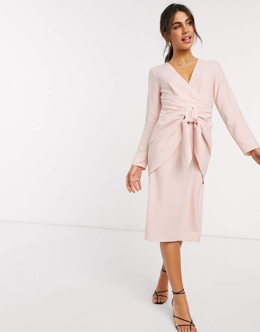 ASOS DESIGN wrap front midi dress with tie waist in dusky pink